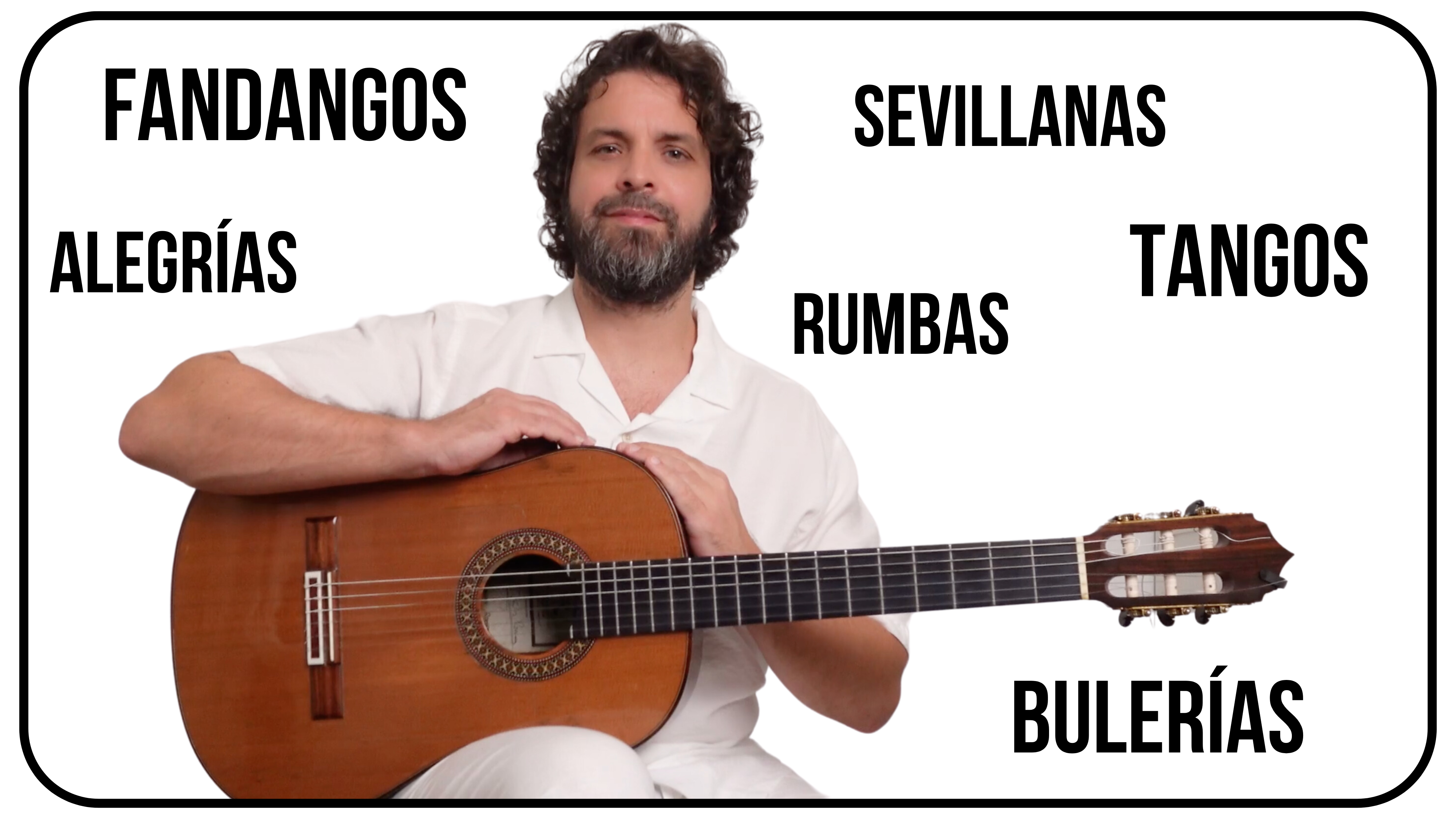 Sebastián de la Estación con su guitarra flamenca, rodeado de los palos que se enseñan en la academia: fandangos, sevillanas, alegrías, rumbas, tangos y bulerías